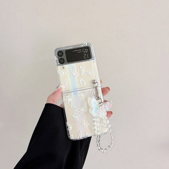 Compatible with Samsung Galaxy Z Flip 4 Clear Case with Strap Lanyard Cute Butterfly Hard PC Anti-Scratch Fashion Girls Case-White