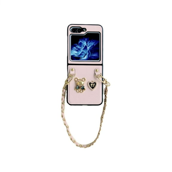 Compatible with Samsung Galaxy Z Flip 5 Leather Case with Lanyard Cute Bear Ultra Slim Shockproof Case-Pink