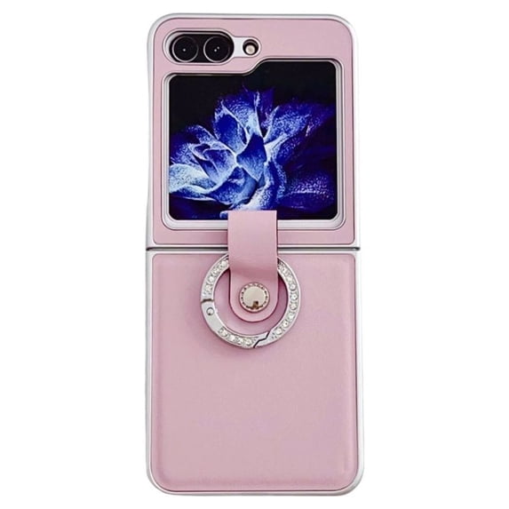 Compatible with Samsung Galaxy Z Flip 5 Leather Case with Ring Holder Slim Shockproof Case for Women Men-Pink