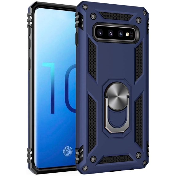 Compatible with Samsung S10, Extreme Protection Military Armor Dual Layer Protective Cover with 360 Degree Swivel Ring Kickstand Blue