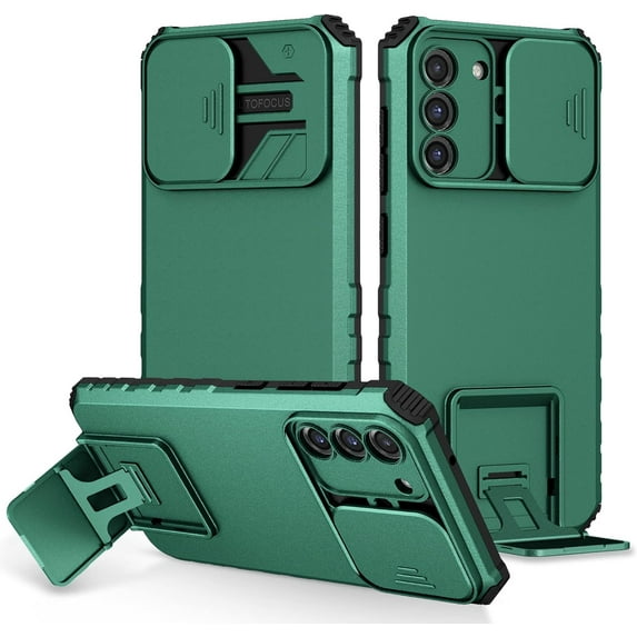 Compatible with Samsung S20 FE Case with Slide Camera Cover, Samsung Galaxy S20 FE 5G Phone Case with Stand Shockproof Hard PC Cases (Dark Green)