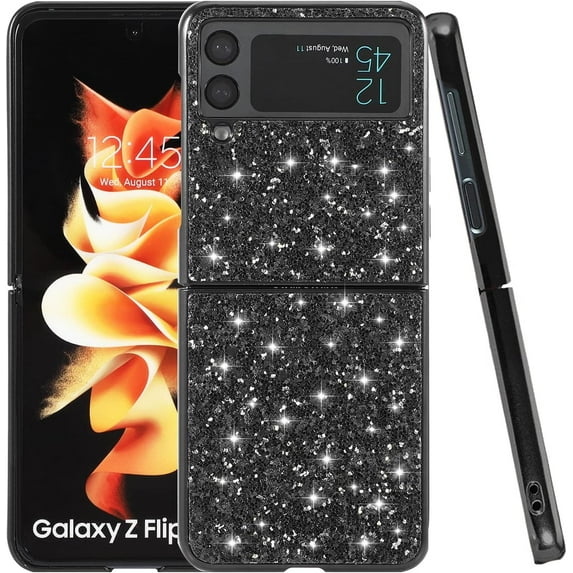 Compatible with Samsung Z Flip 4 Case Glitter Bling Samsung Galaxy Z Flip 4 Phone Case for Girls Cute Bumper Shockproof Protective Cases (Black)