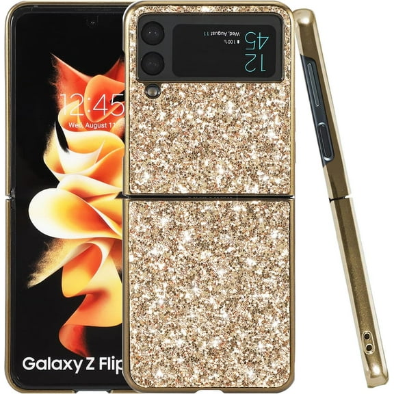 Compatible with Samsung Z Flip 4 Case Glitter Bling Samsung Galaxy Z Flip 4 Phone Case for Girls Cute Bumper Shockproof Protective Cases (Gold)