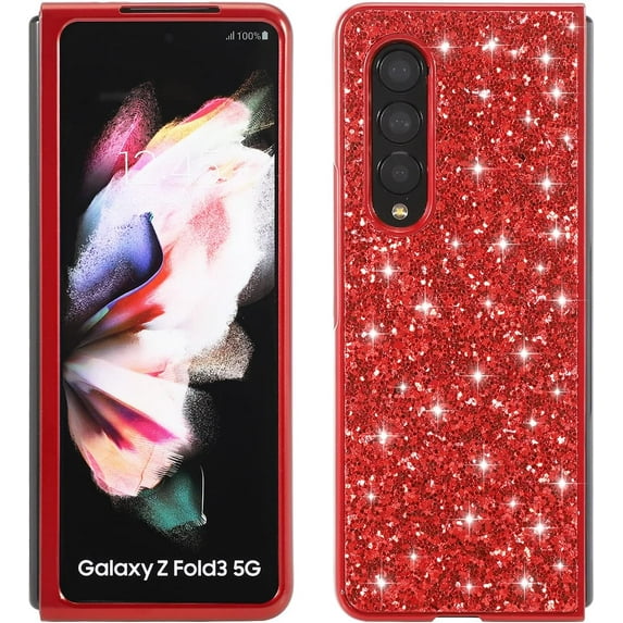 Compatible with Samsung Z Fold 4 Case Glitter Bling Samsung Galaxy Z Fold 4 Phone Case for Girls Cute Bumper Shockproof Protective Cases (Red)