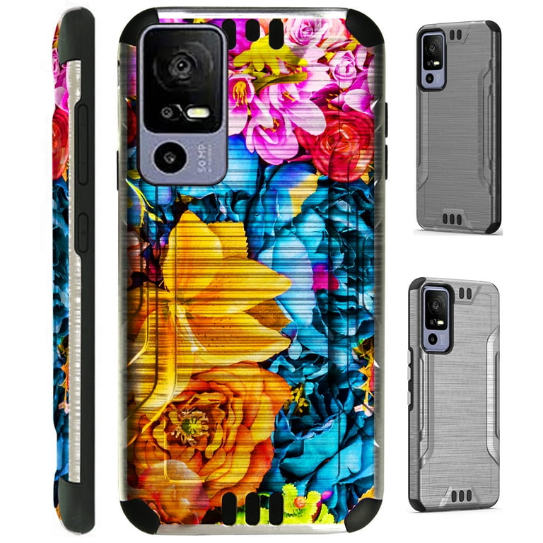 Compatible with TCL 40 XE 5G | TCL 40 NXTPAPER 5G | TCL 40 R 5G; Brushed  Metal Texture Hybrid Silver Guard Phone Case Cover (Colorful Rose Flower)