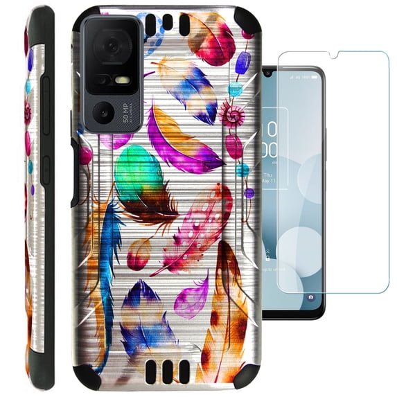 Compatible with TCL 40 XL; Brushed Metal Texture Hybrid Silver Guard Phone Case Cover + TEMPERED GLASS (Dreamcatcher Feather)