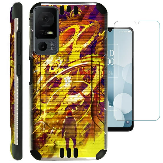 Compatible with TCL 40 XL; Brushed Metal Texture Hybrid Silver Guard Phone Case Cover + TEMPERED GLASS (Golden Clockwork)