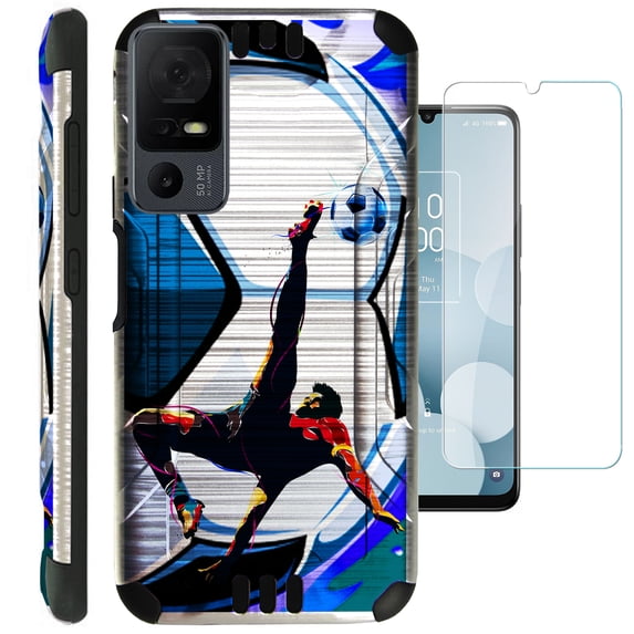 Compatible with TCL 40 XL; Brushed Metal Texture Hybrid Silver Guard Phone Case Cover + TEMPERED GLASS (Soccer Bicycle Kick)