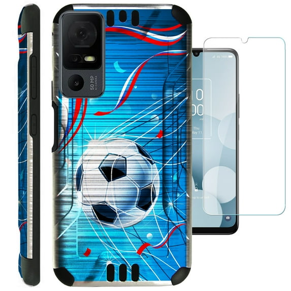 Compatible with TCL 40 XL; Brushed Metal Texture Hybrid Silver Guard Phone Case Cover + TEMPERED GLASS (Soccer Goal)