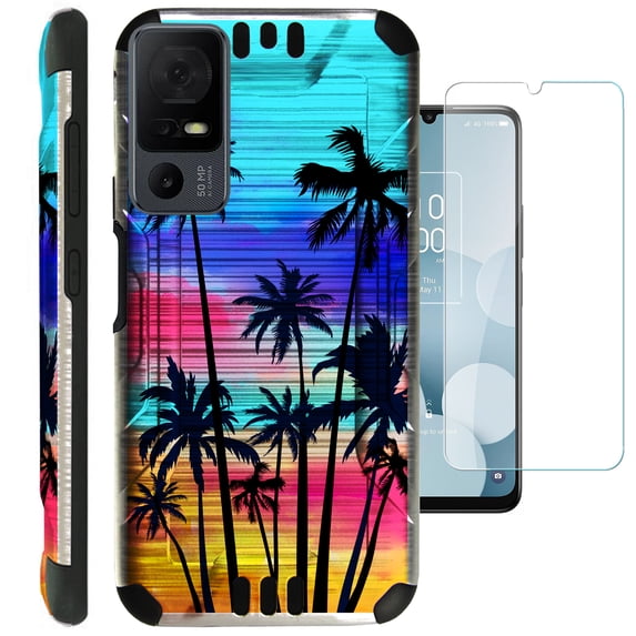 Compatible with TCL 40 XL; Brushed Metal Texture Hybrid Silver Guard Phone Case Cover + TEMPERED GLASS (Sunset Palm Tree)