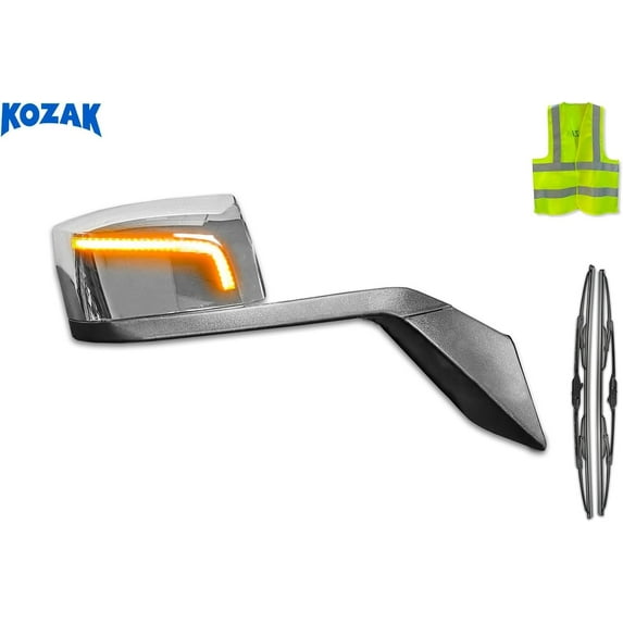 Compatible with Volvo VNL 2004-2017 Chrome Hood Mirror Right Passenger Side with LED Turn Signal PLUS Face Masks and Wipers