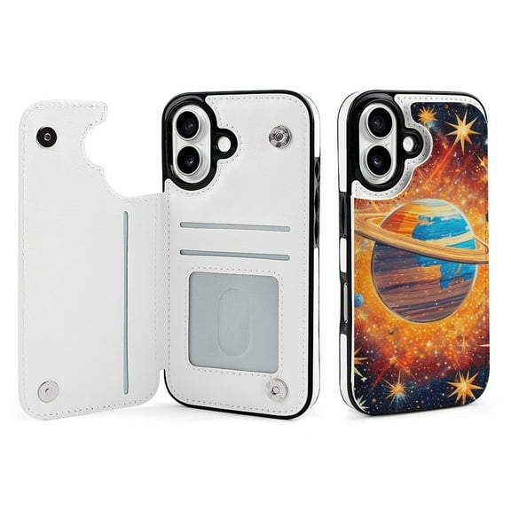 Compatible with iPhone 11 12 13 mini 14 15 16 Pro Max Plus Wallet Case with Card Holder, PU Leather Kickstand Card Slots Case ( Planet, iPhone 16)