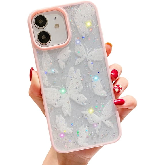 Compatible with iPhone 11 Case, with Clear Glitter Cute Butterfly White Case for Girls Woman Soft Slim TPU Drop Bumper Case for iPhone 11-Pink