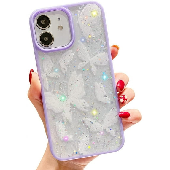 Compatible with iPhone 11 Case, with Clear Glitter Cute Butterfly White Case for Girls Woman Soft Slim TPU Drop Bumper Case for iPhone 11-Purple