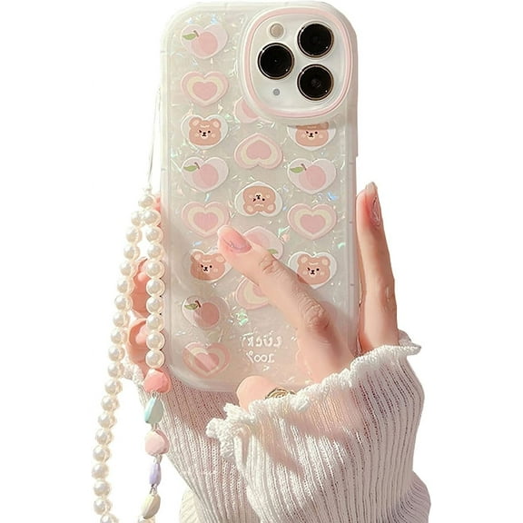 Compatible with iPhone 11 Pro Max Case Cover Cute Women,Bear Love Heart Pattern with Pearl Strap Bracelet Chain Sparkly Phone Case Camera Protect