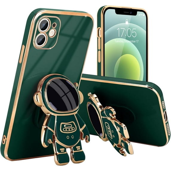 Compatible with iPhone 12 Case Cute 3D Astronaut Stand Design Camera Protection Shockproof Soft Back Cover for Apple iPhone 12 Phone Case Dark Green