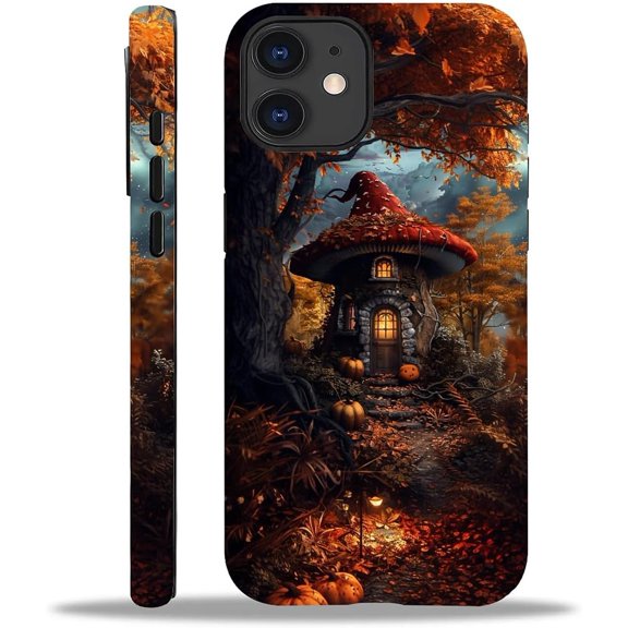 Compatible with iPhone 12 Case, Fall Fairycore Mushroom House 12 2 in 1 Silicone Mixed Hard Pc Case, Durable Shock-Proof Protection Pattern Design