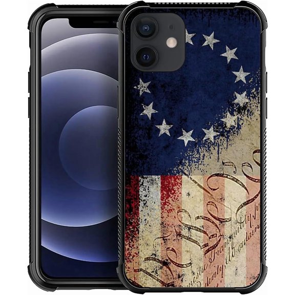 Compatible with iPhone 12 Mini Case,Patriotic Garden Flag Soft TPU Bumper Shockproof Tempered Glass Back Cover Case for iPhone 12 Mini