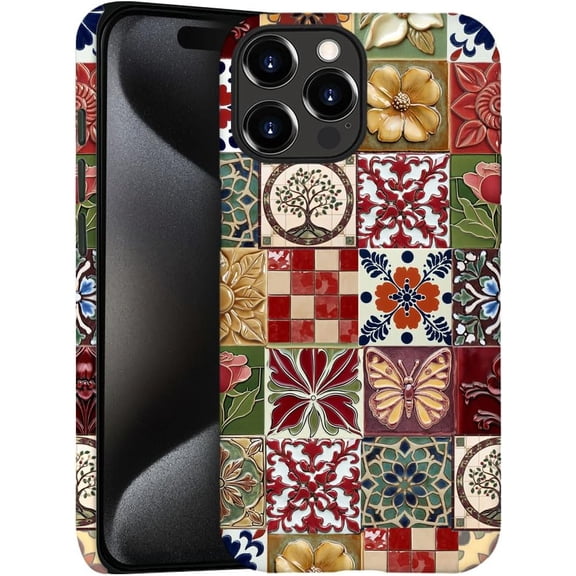 Compatible with iPhone 12 Pro, Frosted PC Anti-Scratch Shockproof Case - Vintage Tile Checkered Floral Butterfly