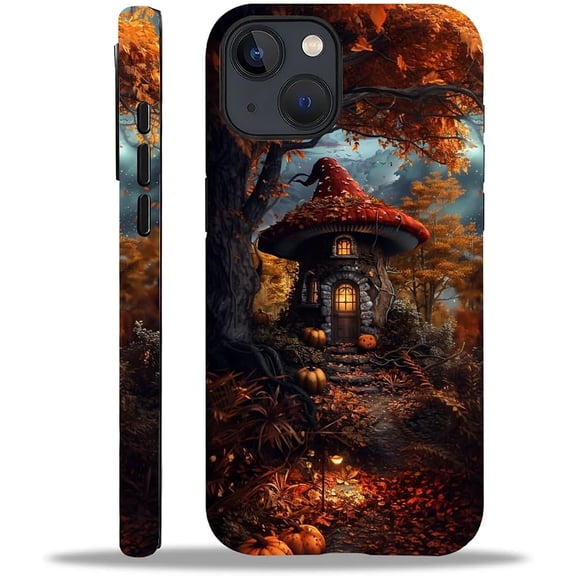 Compatible with iPhone 13 14 Case, Fall Fairycore Mushroom House 13 14 2 in 1 Silicone Mixed Hard Pc Case, Shock-Proof Protection Pattern