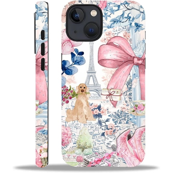 Compatible with iPhone 13 14 Case, Trendy Girly Paris Bow 13 14 2 in 1 Silicone Mixed Hard Pc Case, Durable Shock-Proof Pattern