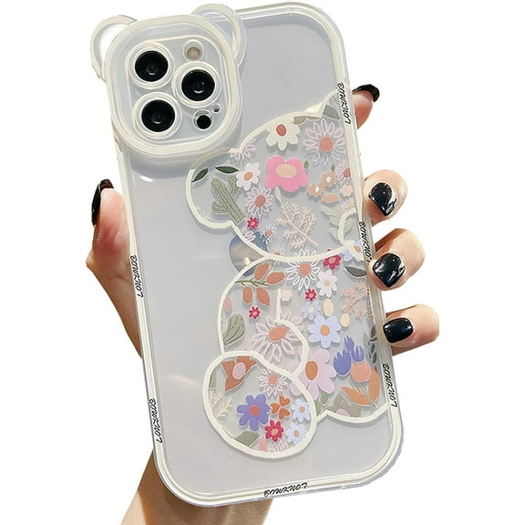 Compatible with iPhone 13 Case, Cute Bear Camera Protector Clear Flowers Girls Women Case for iPhone 13