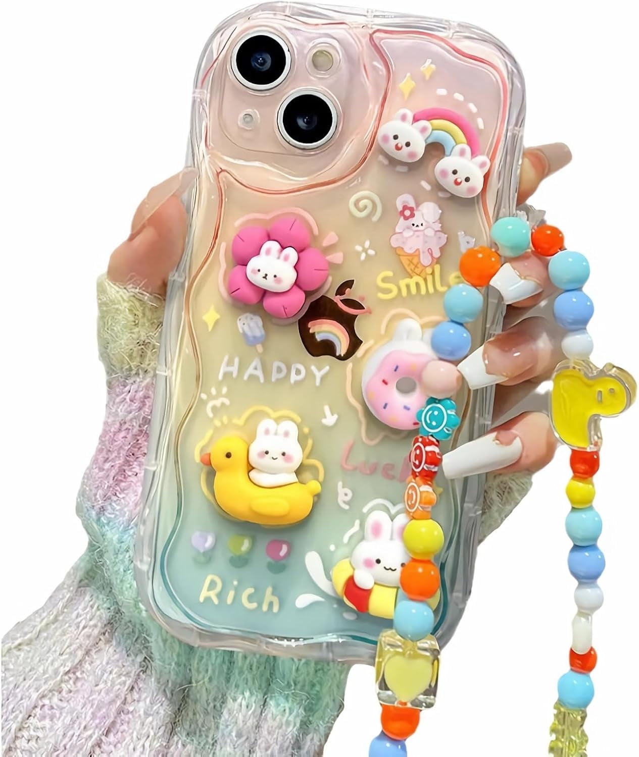 Compatible with iPhone 13 Case Cute Cartoon 3D Rabbit with Cute Chain