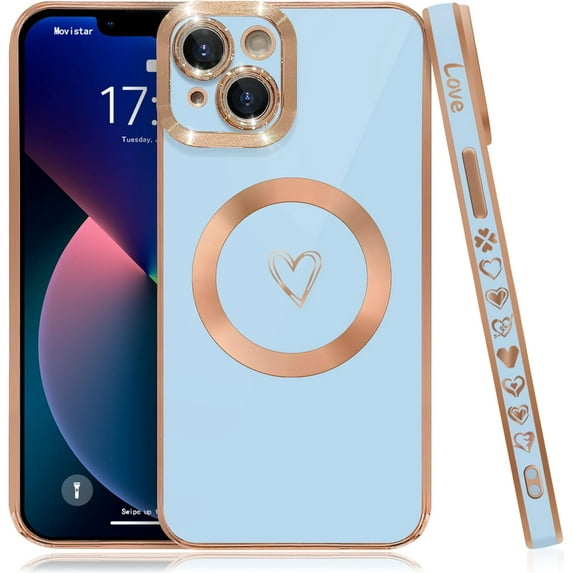 Compatible with iPhone 13 Case Magsafe, Cute Heart Pattern Luxury Plating Full Camera Lens Protection Magnetic Case for iPhone 13 for Women Girl-Blue