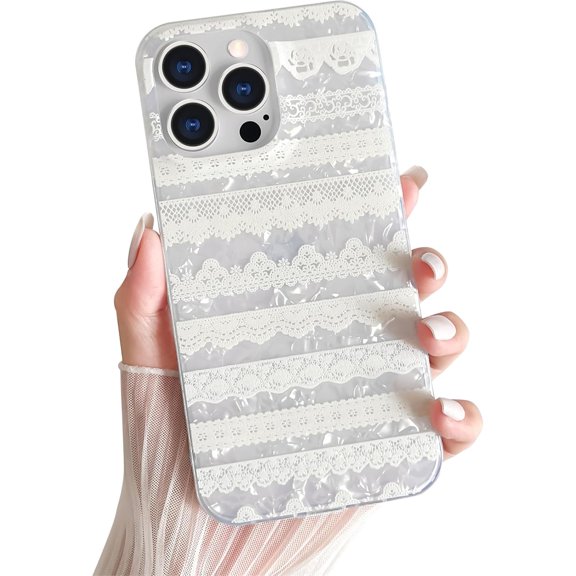 Compatible with iPhone 13 Pro Case Cute Aesthetic Lace Phone Case, Shell Pattern Soft TPU Slim Shockproof Phone Cover for Women Girls, White