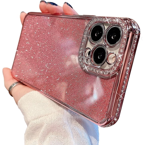 Compatible with iPhone 13 Pro Case,Glitter Bling Diamond Sparkle Shiny Bumper and Camera Lens Design Clear Phone Cases for Women Girls-Pink