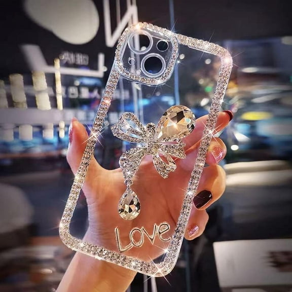 Compatible with iPhone 13 Pro Max Case Bling Luxury Rhinestone Flash Diamond Bow Stylish Love Silicone Clear Case for Women Girls Phone Case