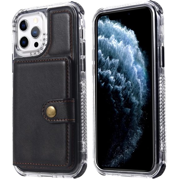 Compatible with iPhone 13 Pro Max Wallet Case with Card Holder PU Leather Kickstand Wrist Strap Shockproof Protective Cover for Women Man Black