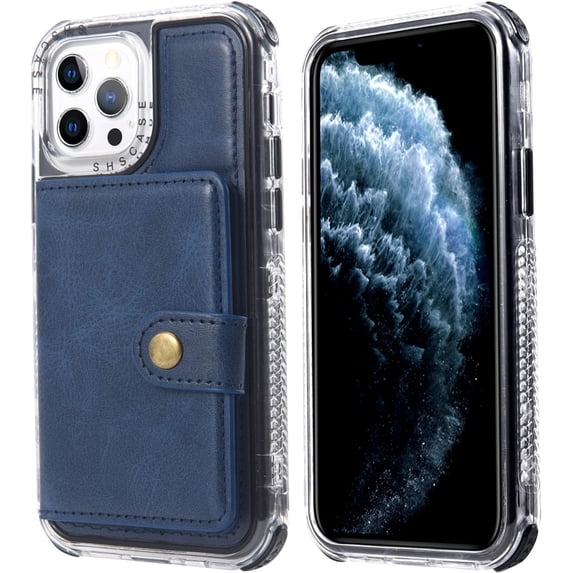 Compatible with iPhone 13 Pro Max Wallet Case with Card Holder PU Leather Kickstand Wrist Strap Shockproof Protective Cover for Women Man Blue
