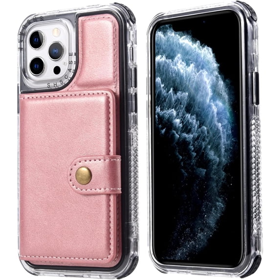 Compatible with iPhone 13 Pro Max Wallet Case with Card Holder PU Leather Kickstand Wrist Strap Shockproof Protective Cover for Women Man Pink