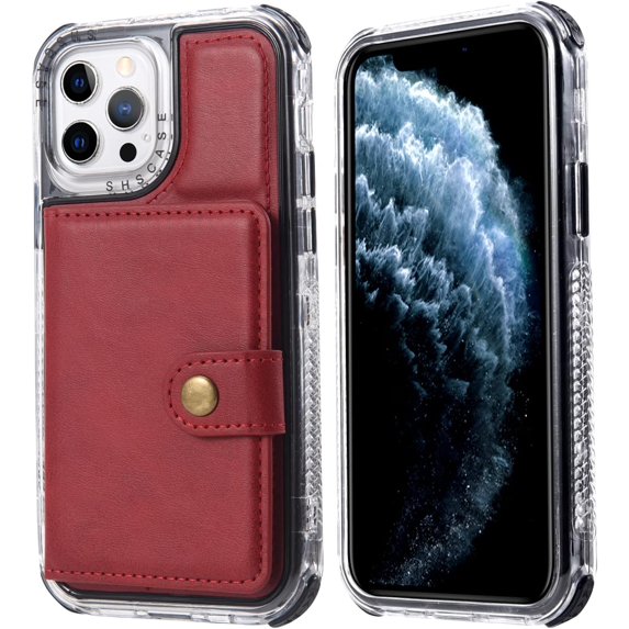 Compatible with iPhone 13 Pro Max Wallet Case with Card Holder PU Leather Kickstand Wrist Strap Shockproof Protective Cover for Women Man Red