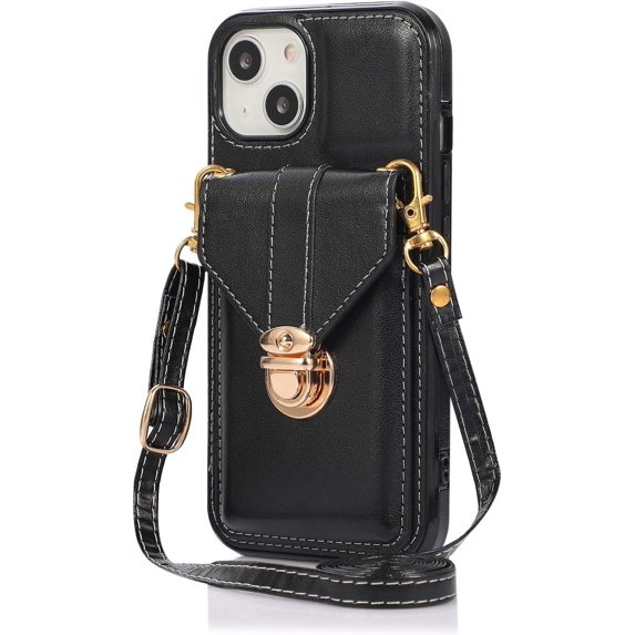 Compatible with iPhone 13 Wallet Case PU Leather Crossbody Strap Lanyard Clasp Durable Card Holder Slot Protective Cover for Women Girls Black