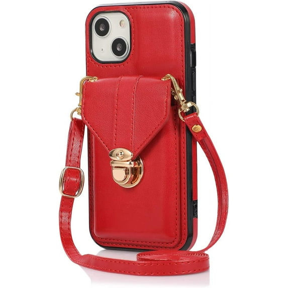 Compatible with iPhone 13 Wallet Case PU Leather Crossbody Strap Lanyard Clasp Durable Card Holder Slot Protective Cover for Women Girls Red