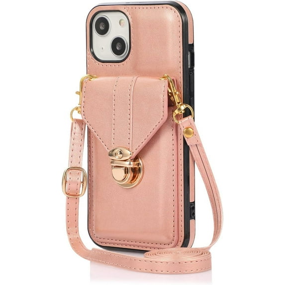 Compatible with iPhone 13 Wallet Case PU Leather Crossbody Strap Lanyard Clasp Durable Card Holder Slot Protective Cover for Women Girls Rosegold