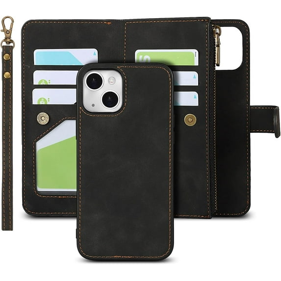 Compatible with iPhone 13 Wallet Phone Case with Card Holder, PU Leather Zipper Pocket Magnetic Detachable Flip Case with Wrist Strap (Black)