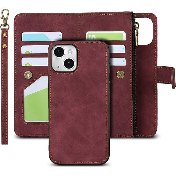 Compatible with iPhone 13 Wallet Phone Case with Card Holder, PU Leather Zipper Pocket Magnetic Detachable Flip Case with Wrist Strap (Claret)