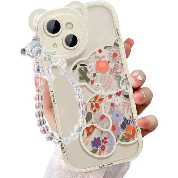 Compatible with iPhone 14 Case, Cute Flowers Bear Camera Protector Clear Case Cover with Lovely Strap Bracelet Chain Girls Women Case for iPhone 14