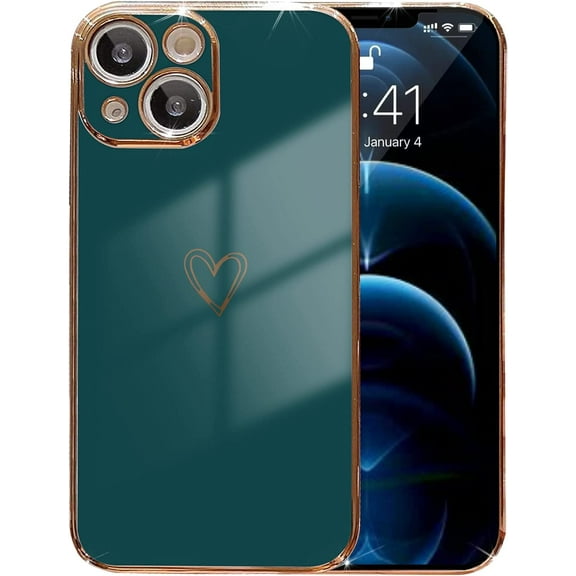 Compatible with iPhone 14 Case, Luxury Plating Edge Cute Heart Bumper Case with Full Camera Lens Protection Cover for iPhone 14 for Women Girl-Black