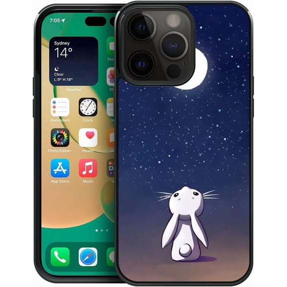 Compatible with iPhone 14 Case, Pattern Design Hard PC Back Cover Non-Slip Soft TPU Protective Case for iPhone 14 for Women 6.1inch-Moon Rabbit
