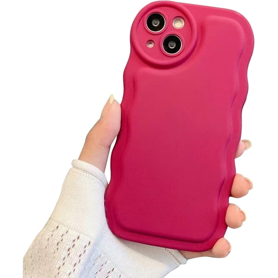 Compatible with iPhone 14 Case, Solid Color Cute Curly Wave Soft Raised Corners Back Silicone Shockproof Bumper Case for iPhone 14, Red