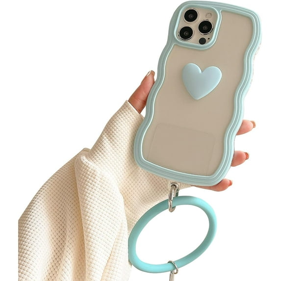 Compatible with iPhone 14 Case for Women/Girls, Cute Curly Wave 3D Love-Heart Anti-Scratch Shockproof Case with Bracelet for iPhone 14, Blue