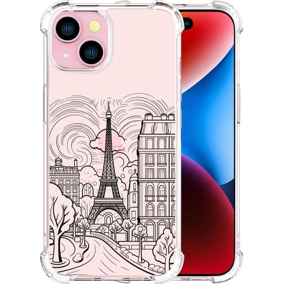 Compatible with iPhone 14 Case for Women Girls Cute Phone Protector Clear with Design, Paris City Eiffel Tower Trees Street Clouds Building