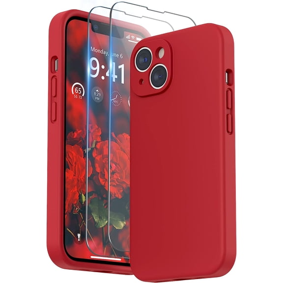 Compatible with iPhone 14 Case with Screen Protector (Camera Protection + Soft Microfiber Lining) Liquid Silicone Phone Case 6.1 inch 2022, Red