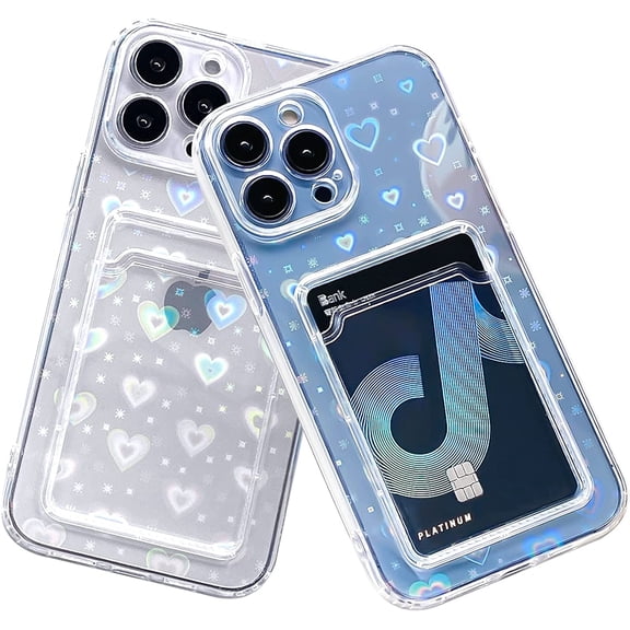 Compatible with iPhone 14 Clear Heart Phone Case with Card Holder,Holographic Love Heart Pattern Cute Case Soft Cover,6.1 Inch