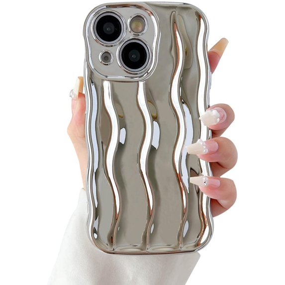 Compatible with iPhone 14 Phone Case Girls Cute Water Ripple Pattern Wavy Bezel Shock Absorbing Anti-Fall Slim TPU Phone Case for Women - Silver