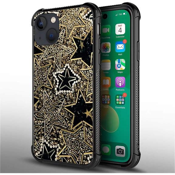 Compatible with iPhone 14 Plus Case, Ultimate Protection: Back+Soft Silicone Acrylic TPU Design for Shockproof Fall Prevention Black and Gold Sequins